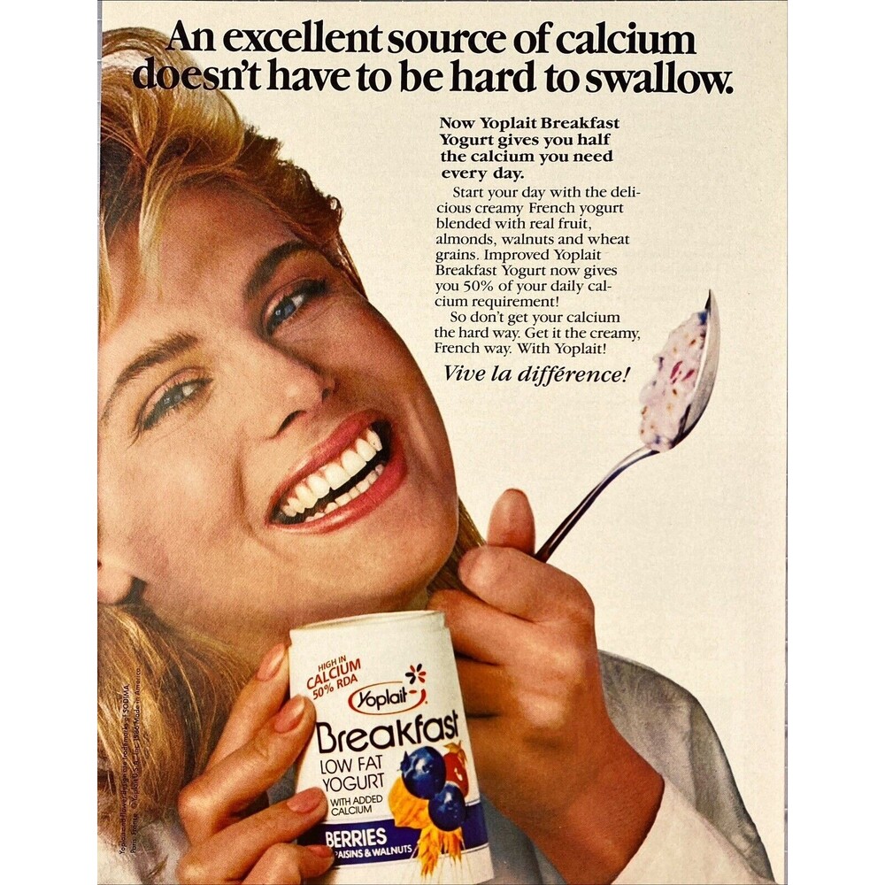 Yoplait Low Fat Yogurt *Excellent Source Calcium Women Smiling Vtg Print Ad 1986
